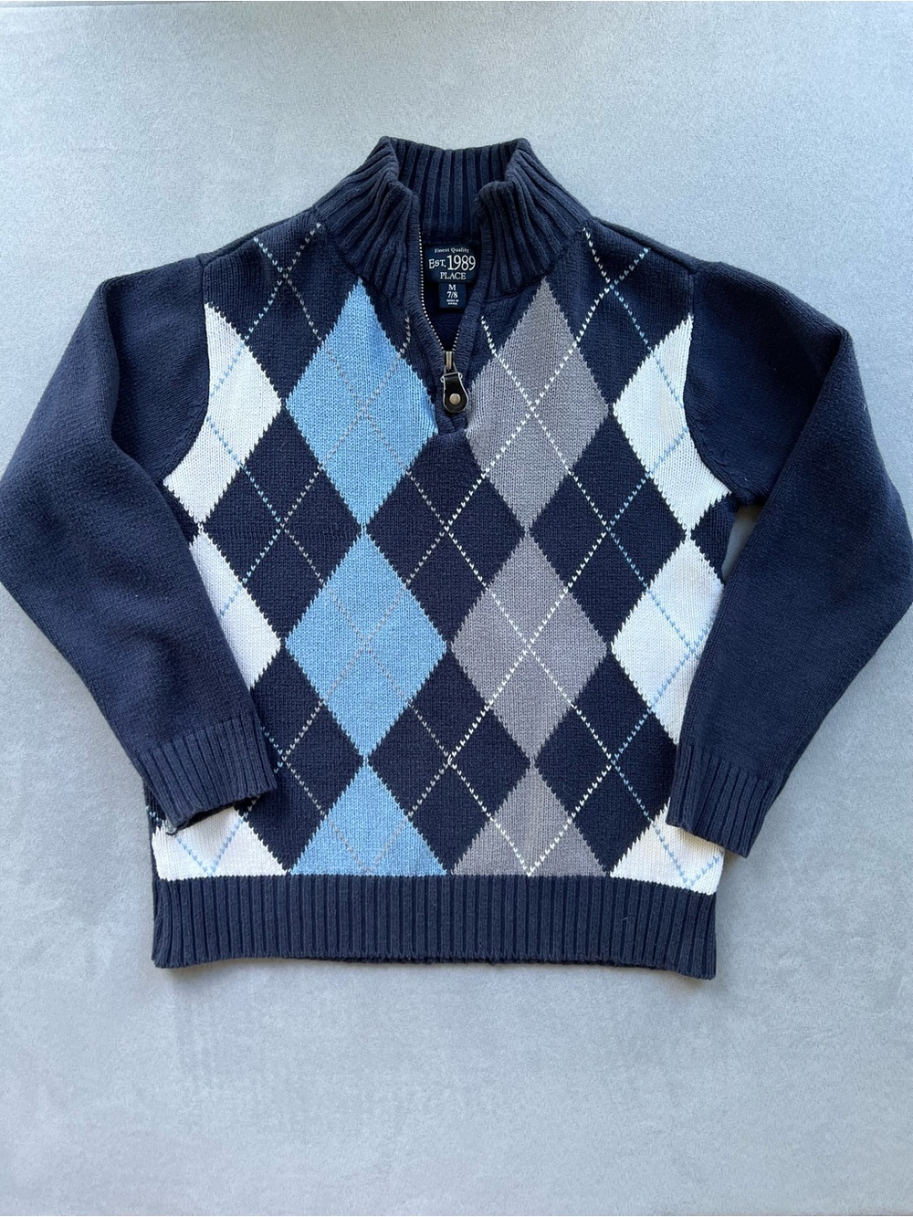 Place Navy Argyle Half-Zip Sweater with Light Blue and Gray Diamonds